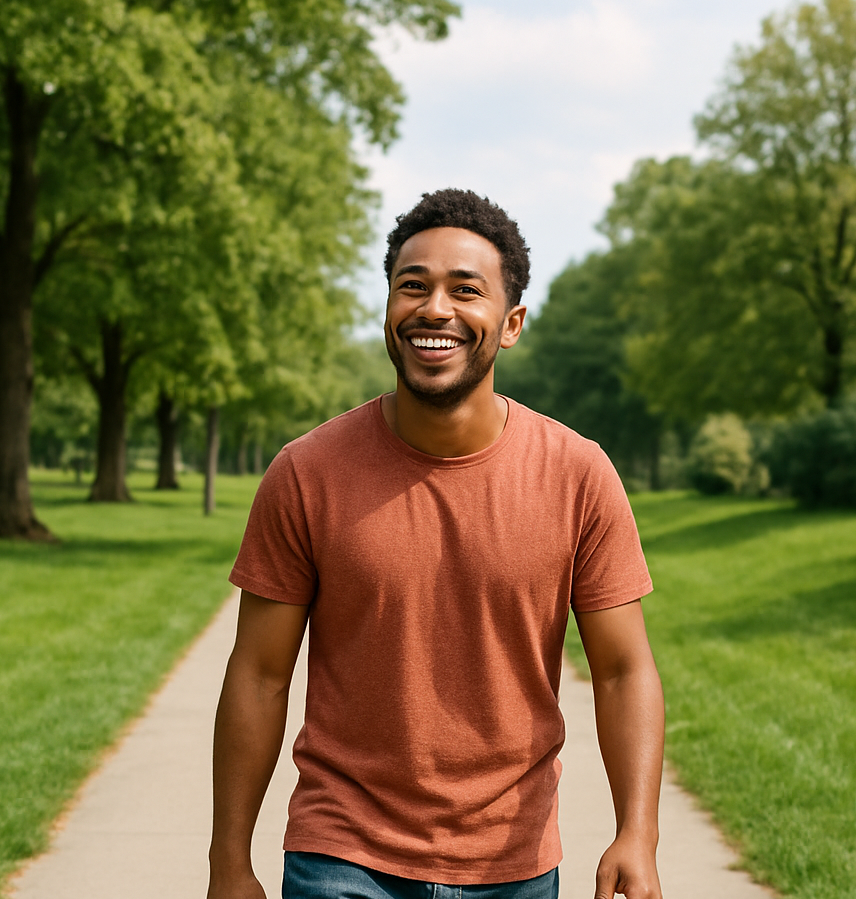 Happy client walking in further view to represent our values of Priority Footwear