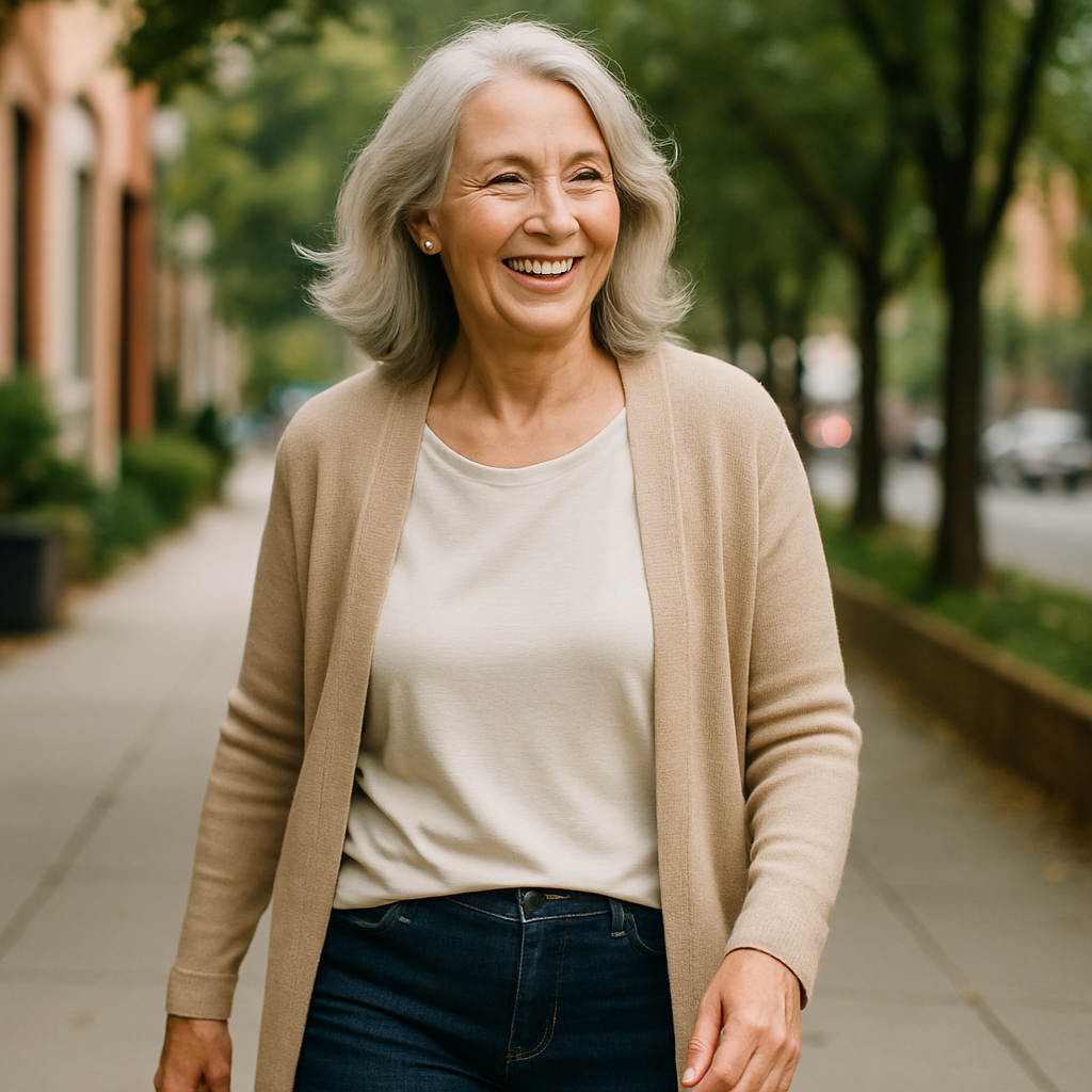woman in her 60s walking and smiling